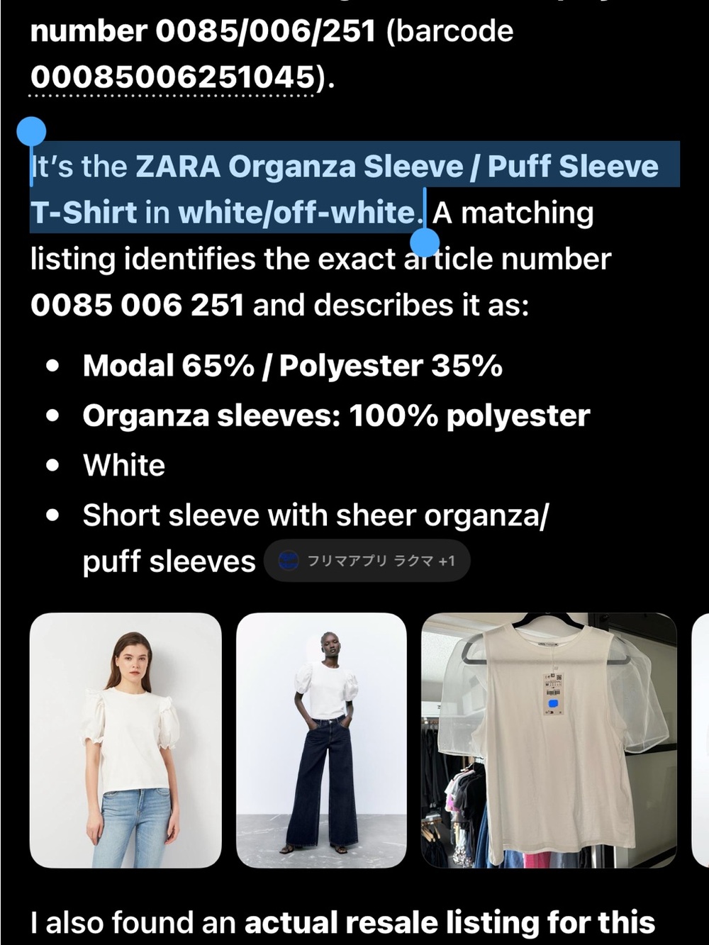 ZARA White Organza Puff Sleeve Tee
